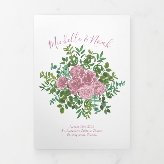 Light Pink Peony & Rose Floral WedPrograms Dreifach-gefaltete Programmkarte (Cover)