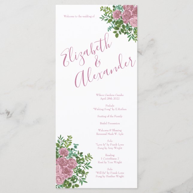 Light Pink Peony & Rose Floral WedPrograms Menükarte (Vorderseite)