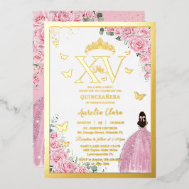 Light Pink Roses Floral Quinceanera Mis XV Gold Folieneinladung