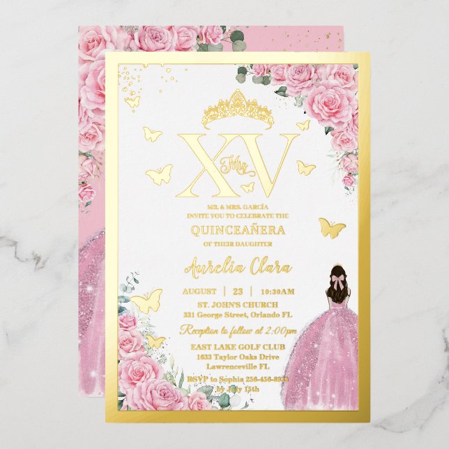 Light Pink Roses Floral Quinceanera Mis XV Gold Folieneinladung (Vorderseite/Rückseite)