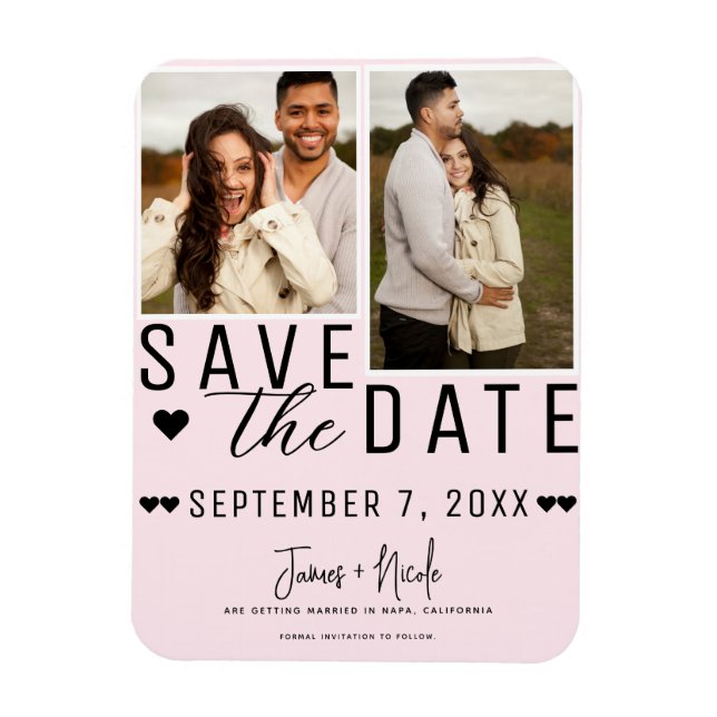 Light Pink Save the Date 2 Foto Hochzeit Magnet (Vertikal)
