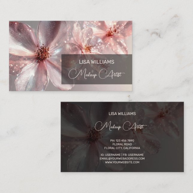 Light Pink Shiny Metallic Blume Business Card Visitenkarte (Vorne/Hinten)