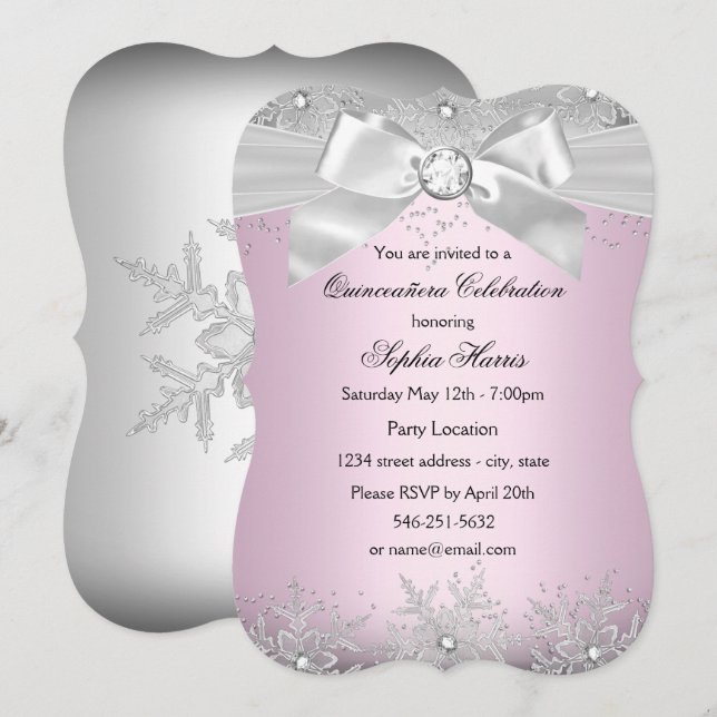 Light Pink Silver Jewel Bow Snowflake Quinceanera Einladung (Vorne/Hinten)