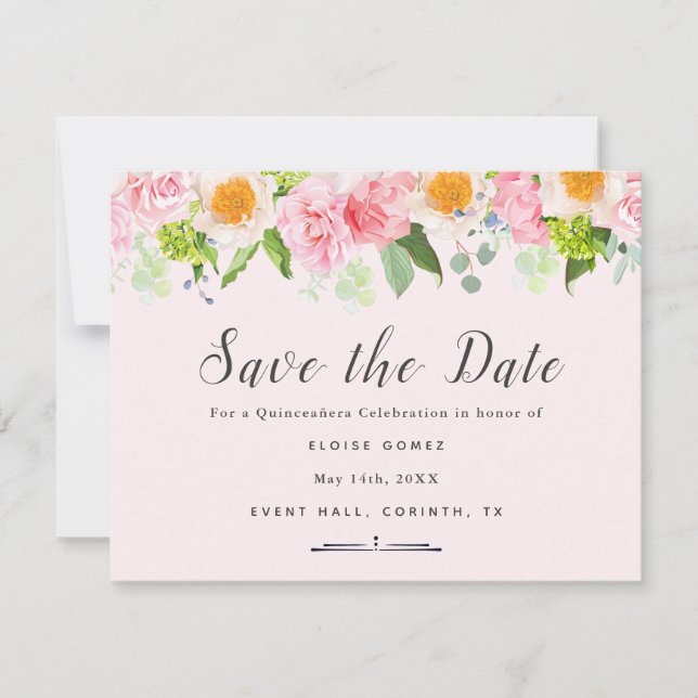 Light Pink Spring Quinceañera Save the Date Karte (Vorderseite)