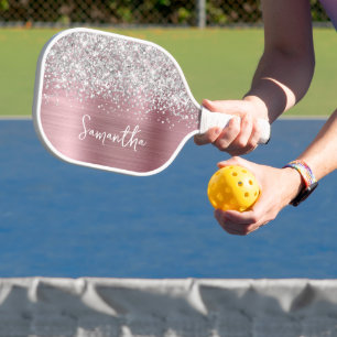 Light Pink und Glittery Silver Glam Script Name Pickleball Schläger