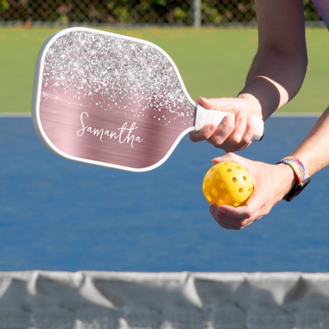Light Pink und Glittery Silver Glam Script Name Pickleball Schläger (InSitu)