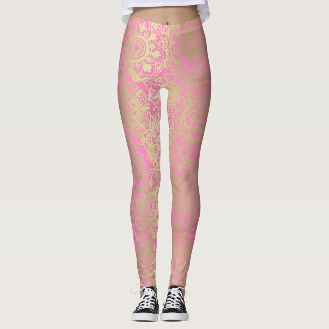 Light Pink und Gold Mandala Muster Leggings (Vorderseite)