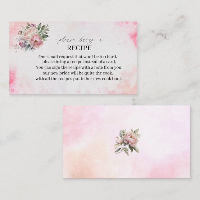 Light Pink Watercolor Blume Rezept Karte Bridal (Vorne/Hinten)
