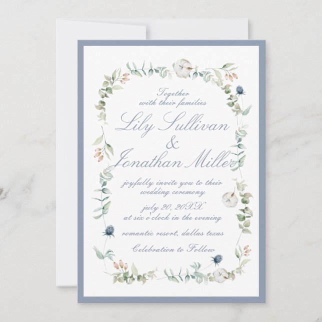 Light Powder Blue Romantic Floral Frame Wedding Einladung (Vorderseite)