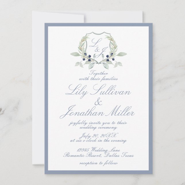 Light Powder Blue Romantic Monogram Wappen Wedding Einladung (Vorderseite)