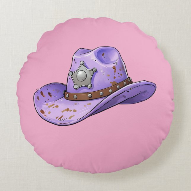 Light Purple Cowgirl Hat-Pink Background Rundes Kissen (Vorderseite)