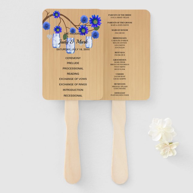 Light Rustic Blue Floral Mason Jars Wedding Fächer (Vorne und Hinten)