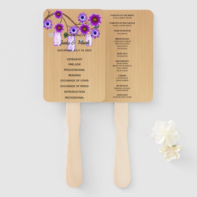 Light Rustic Lila Floral Mason Jars Wedding Fächer (Vorne und Hinten)