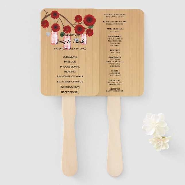 Light Rustic Red Floral Mason Jars Wedding Fächer (Vorne und Hinten)