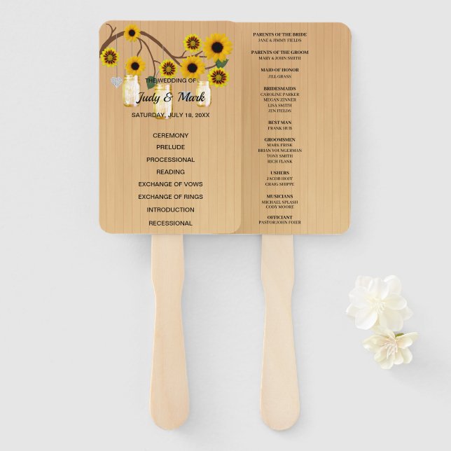 Light Rustic Yellow Floral Mason Jars Wedding Fächer (Vorne und Hinten)