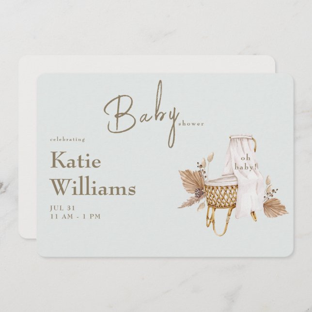 Light Sage Baby Dusche Bassinet Boho Einladung (Vorne/Hinten)