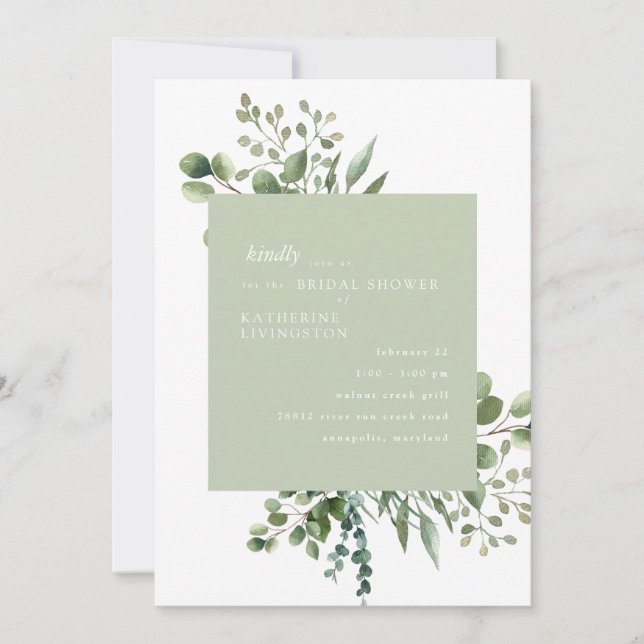 Light Sage Foliage Bridal Dusche Einladung (Vorderseite)