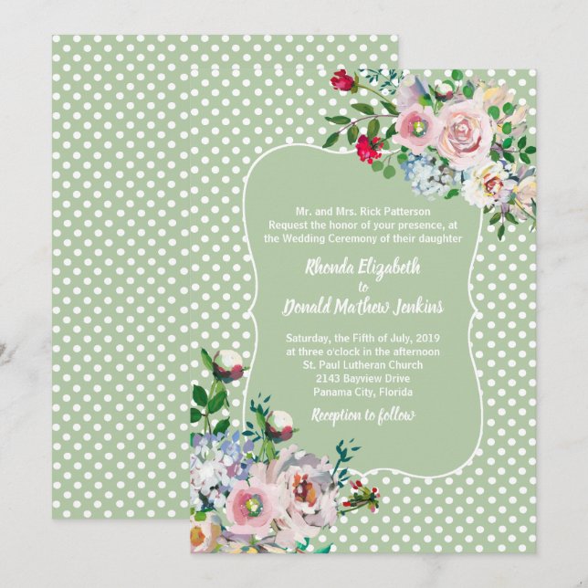 Light Sage mit White Dots und Blume Hochzeit Einladung (Vorne/Hinten)