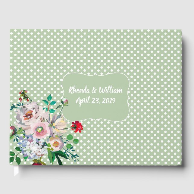 Light Sage mit White Dots und Blume Hochzeit Gästebuch (Vorderseite)