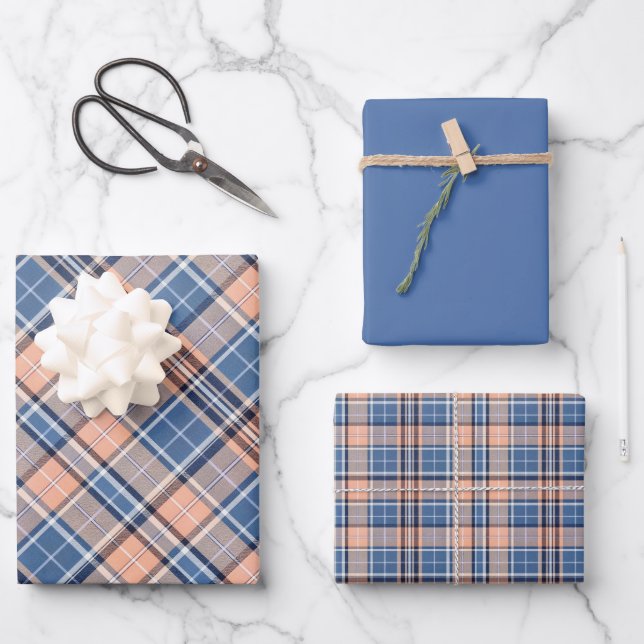 Light Salmon, Marine Blue, Dove Grey... Plaid Geschenkpapier Set (Vorderseite)
