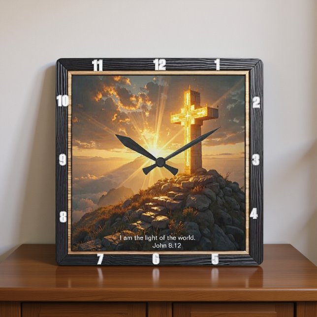 Light Salvation Cross Ornate Mountain Stairs Quadratische Wanduhr (Von Creator hochgeladen)