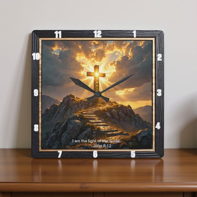 Light Salvation Cross Stairway Mountain John 8:12 Quadratische Wanduhr (Von Creator hochgeladen)