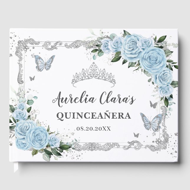 Light Sky Blue Floral Butterfells Quinceañera Gästebuch (Vorderseite)
