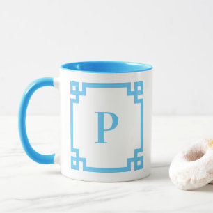 Light Sky Blue Greece Key Border Monogram Tasse