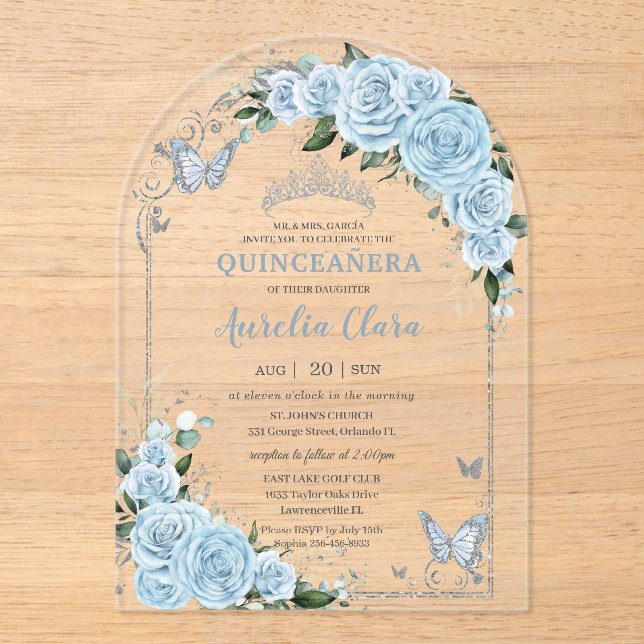 Light Sky Blue Rose Floral Quinceñera Sweet 16 15 Acryleinladungen (Vorderseite)