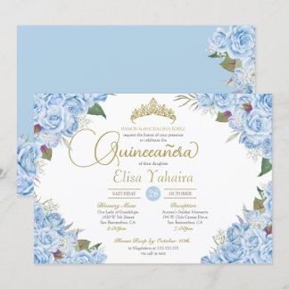 Light Sky Blue Rosen Floral Gold Tiara Quinceanera Einladung