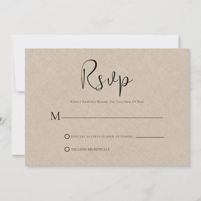 Light Tan Linen Simple Black Script RSVP Card Einladung (Vorderseite)