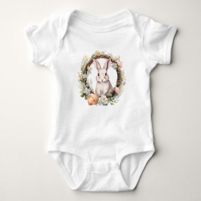 Light Tan/White Bunny Rabbit mit Blume Baby Strampler (Vorderseite)