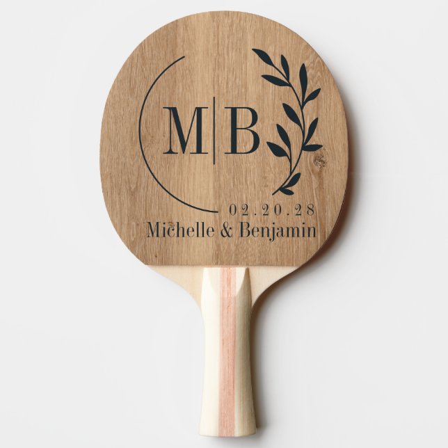 Light Teak Wood Leaf Wedding Monogram Tischtennis Schläger (Rückseite)