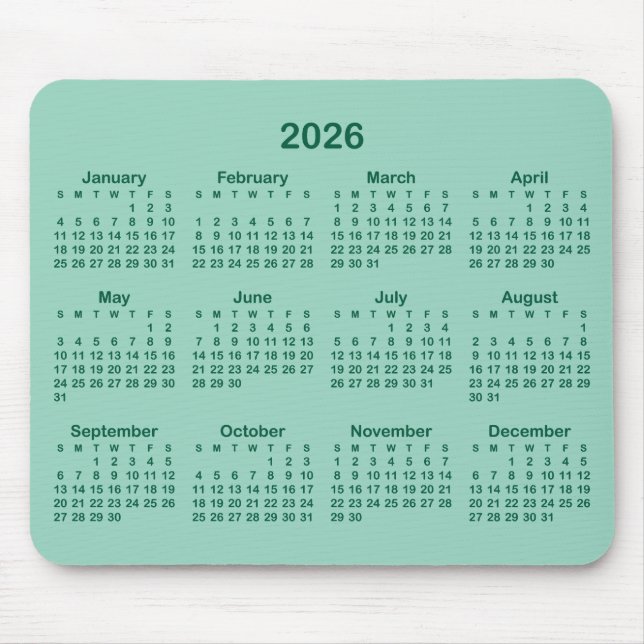 Light Teal and Hunter Green 2026 Calendar Mousepad (Vorne)