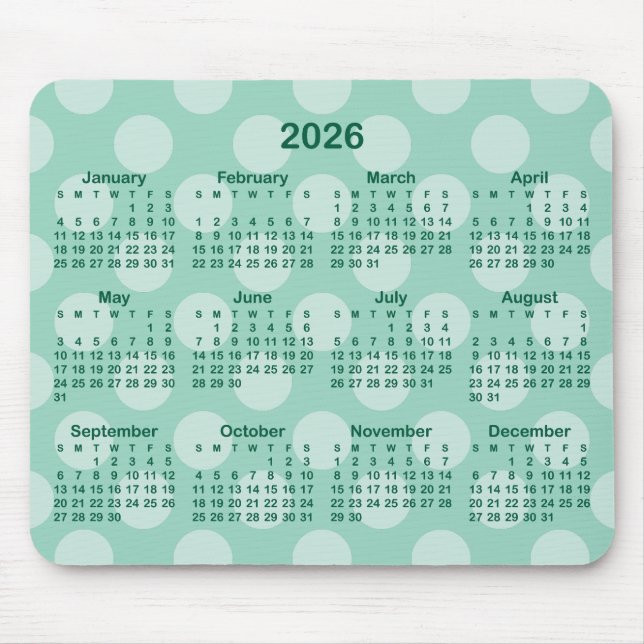 Light Teal Polka Dot Hunter Green 2026 Calendar Mousepad (Vorne)
