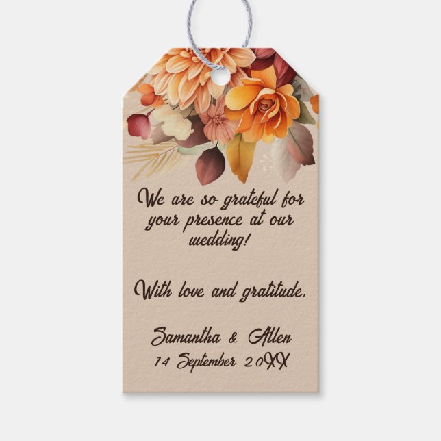 Light Terracotta Fall Floral Gastgeschenk Hochzeit Geschenkanhänger (Vorderseite)