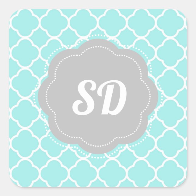 Light Türkise Quatrefolie Custom Monogram Quadratischer Aufkleber (Vorderseite)