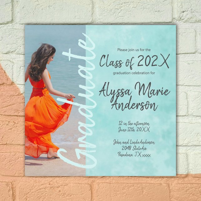 Light Turquoise Script Graduation Party Foto Hinweiskarte (turquoise teal blue cyan graduate graduation photo announcement script calligraphy party invitation)