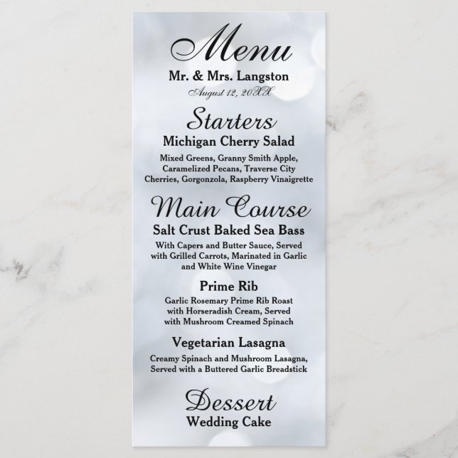Light White Silver Sparkle Glitzer Empfang Menu Menükarte (Vorderseite)