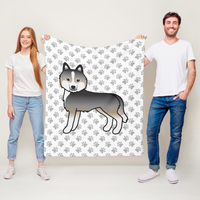 Light Wolf Gray Siberian Husky Cartoon Dog & Paws Fleecedecke (Beispiel)