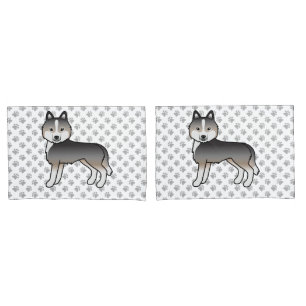 Light Wolf Gray Siberian Husky Cartoon Dog & Paws Kissenbezug