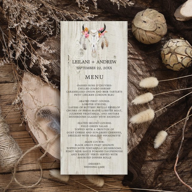 Light Wood Rustic Antler Wedding Menu Menükarte (Rustic wood with watercolor skull feather and flower. Perfect for that outdoor, barn, fall wedding.)