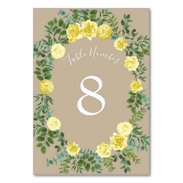 Light Yellow Khaki Ecru Rose Floral Wedding Tischnummer (Rückseite)