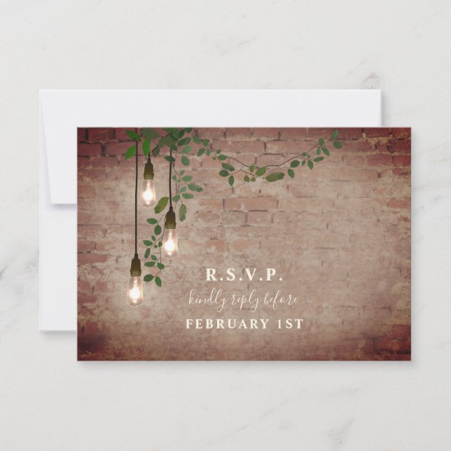 Lightbulb Greenery Garland Brick Wedding RSVP (Vorderseite)