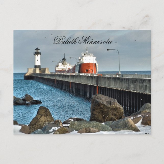 Lighthouse and Ship, Duluth Minnesota Postkarte (Vorderseite)