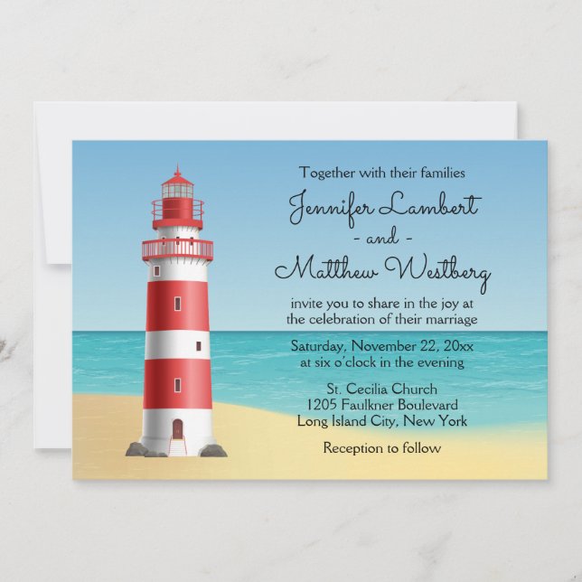 Lighthouse Beach Blue Nautical Wedding Einladung (Vorderseite)