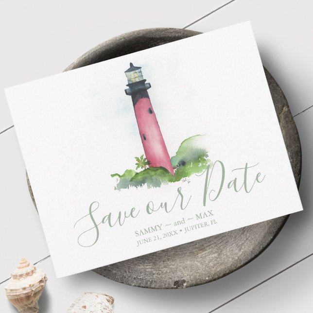 Lighthouse Beach Hochzeit in Florida Save The Date (Non photo wedding save the date invitations feature watercolor Jupiter Florida Lighthouse art)
