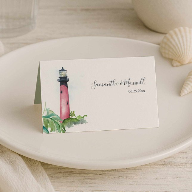 Lighthouse Beach Hochzeitstisch-Platzkarten Platzkarte (Beach wedding in Florida features Jupiter lighthouse table seating card art by Victoria Grigaliunas)