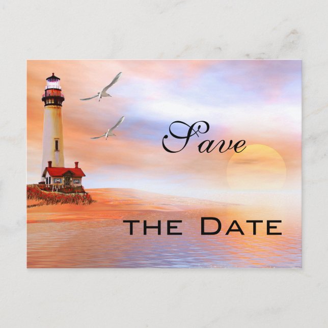 Lighthouse Beach Save the Date Postcard Ankündigungspostkarte (Vorderseite)