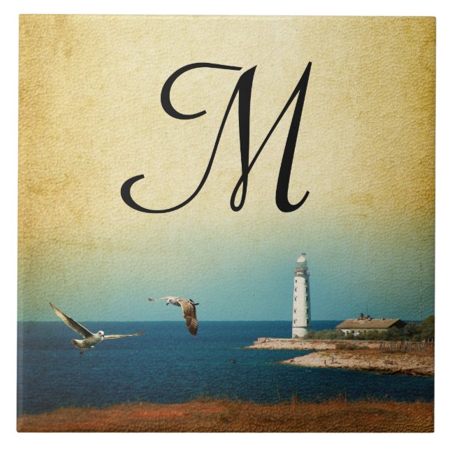 Lighthouse Beach Scene Monogram Display Tile Fliese (Vorderseite)